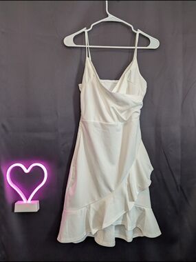 White Ruffle Wrap-Front Spaghetti Strap Dress Fitted Summer